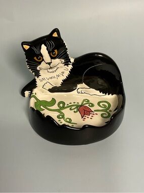 Cats by Nina Black And White Trinket Soap Ceramic Dish. Used, Tiny Chip See Pic.